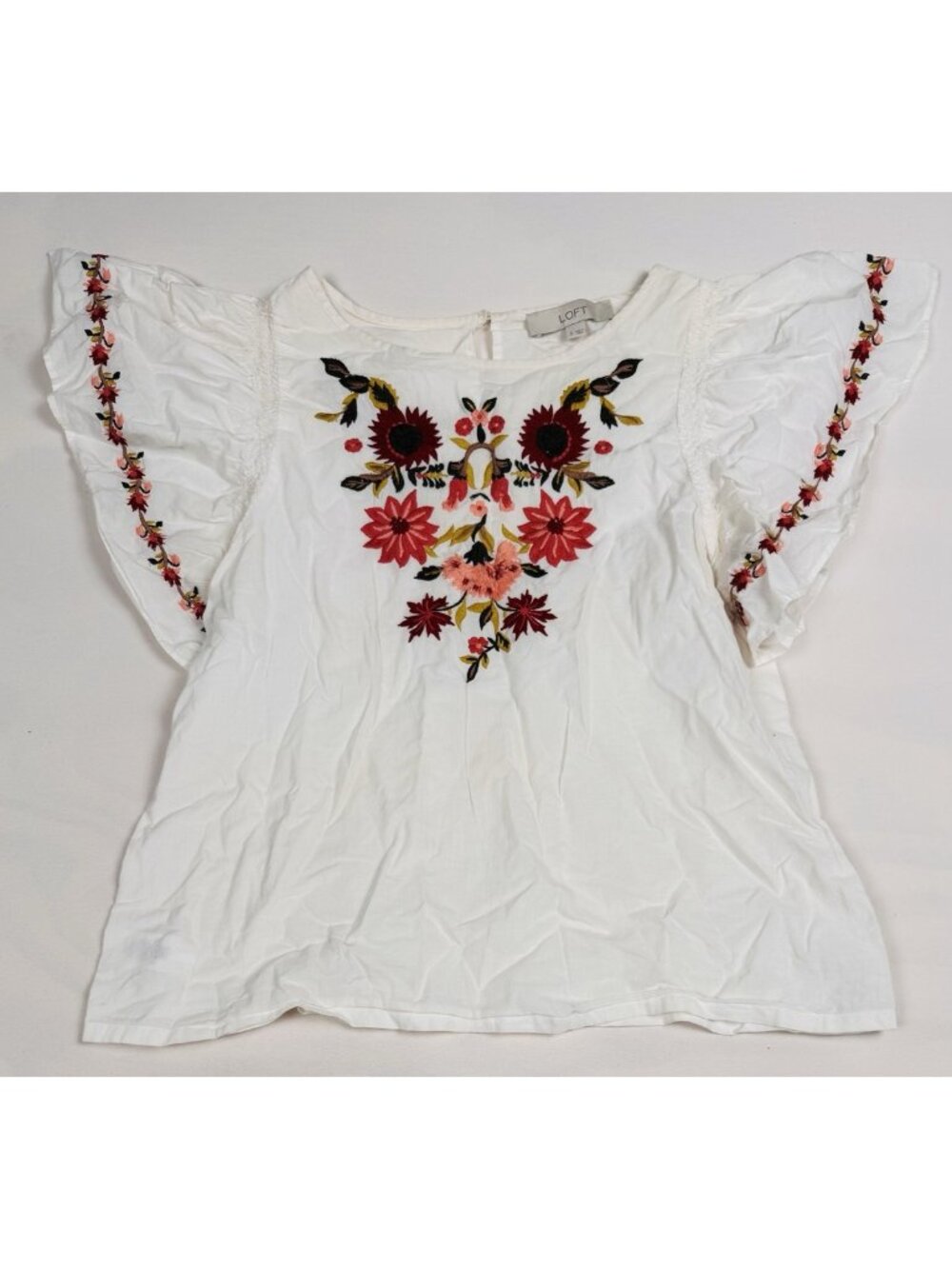 Loft Floral Embroidered Flutter Sleeve Blouse Womens S White Top
